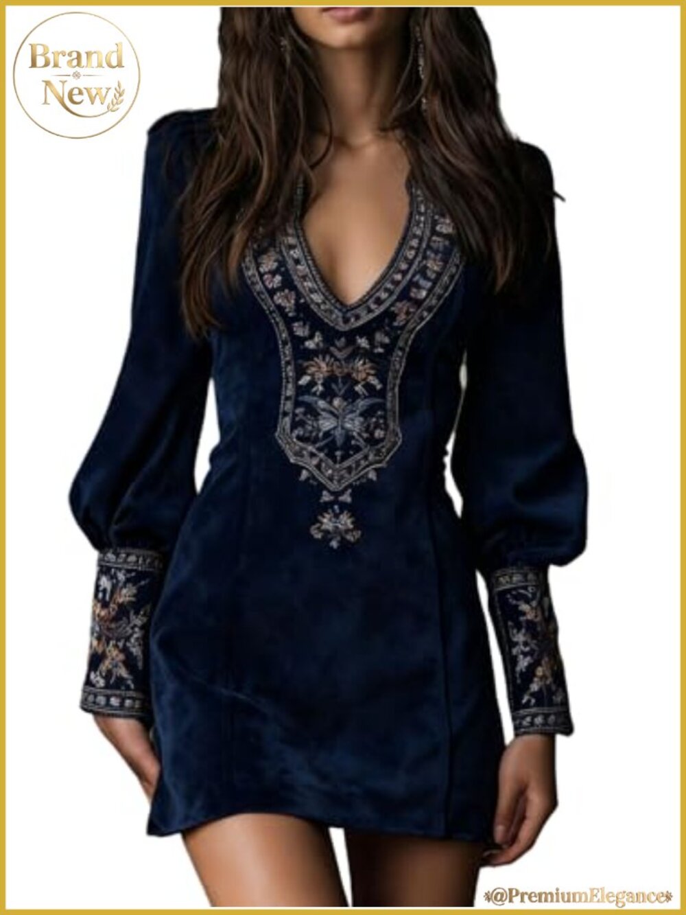Faux Suede Western Bodycon Dress Long Sleeve V Neck Embroidered